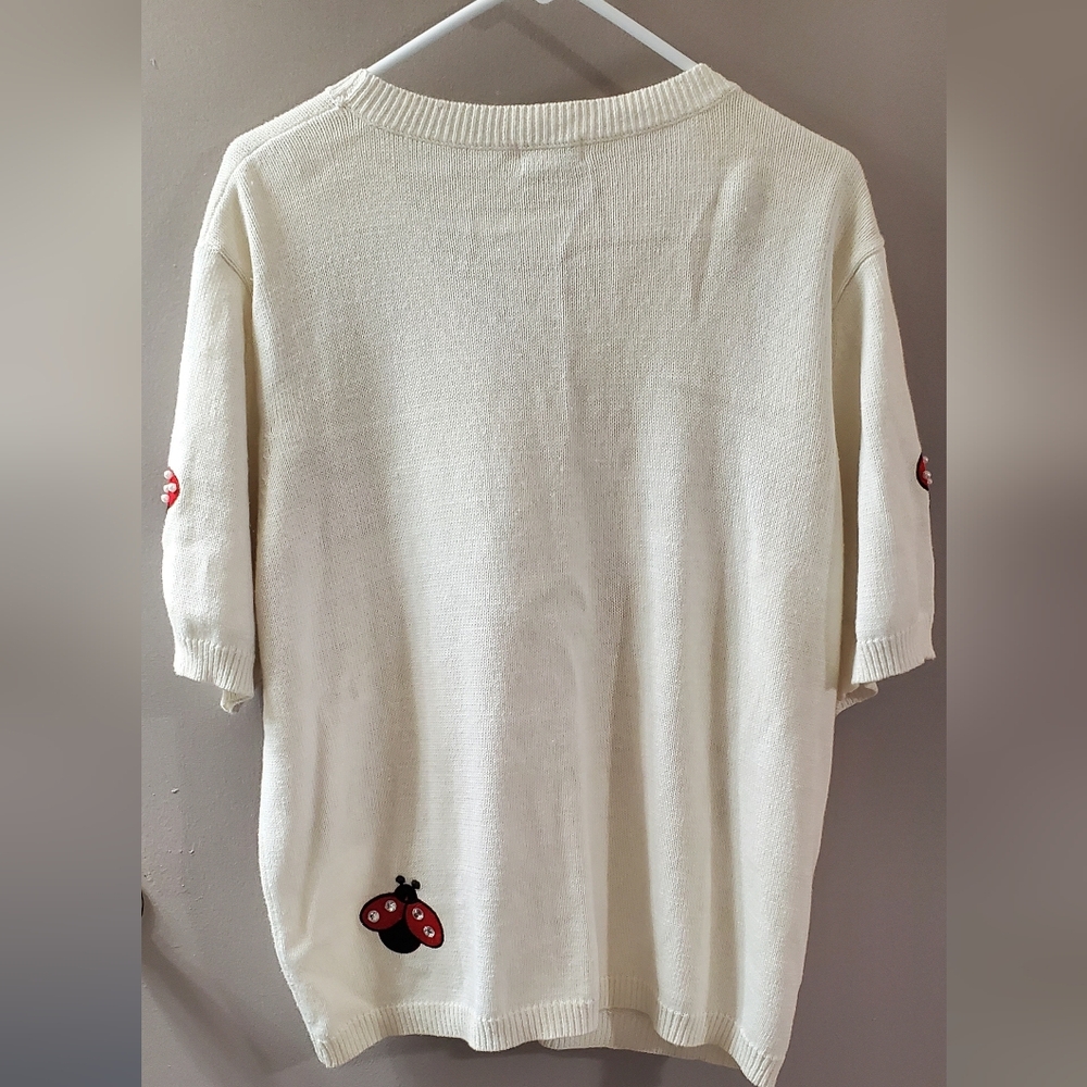 BonWorth Womens Cardigan with Ladybug and Star Design. Pearl And Rhinestones SzL - Picture 3 of 7